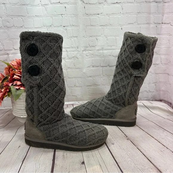 UGG Shoes - Ugg grey sweater boots lattice cardy knit tall boots women's sz 5